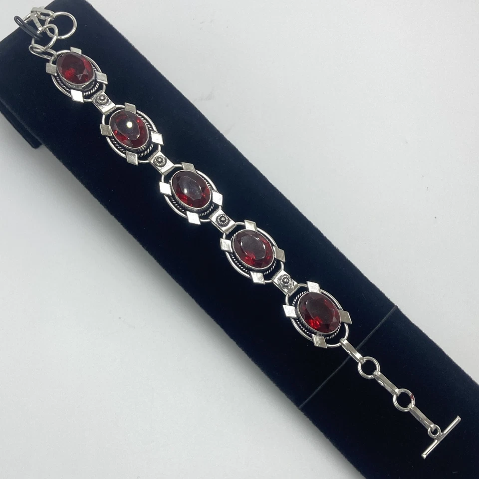 Red Garnet Gemstone Vintage Handmade 925 Sterling Silver Bracelet 7-9" SOLO ITEM - Image 3 of 4