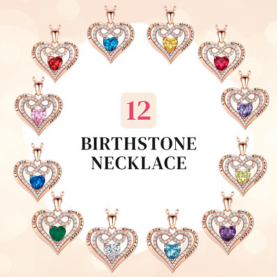 Birthday Month 18K Rose Gold Silver Heart Pendant Infinity Birthstone Necklace