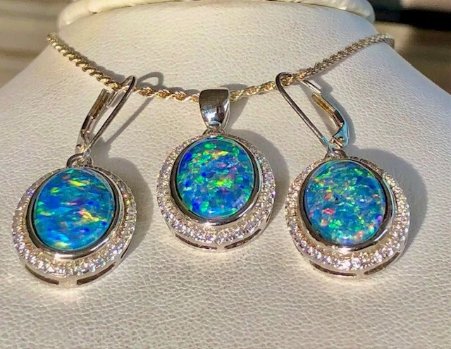 Large Stately Opal doublet Black blue red Earrings & Pendant Set VIDEO - Изображение 4 из 4