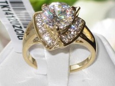 Ladies gold ring 2 carat cz 18kt steel solitaire accents raised all size 1412