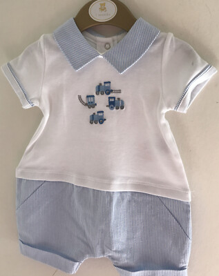 Mintini Baby Boys White And Blue Cotton Romper Aged Month UK