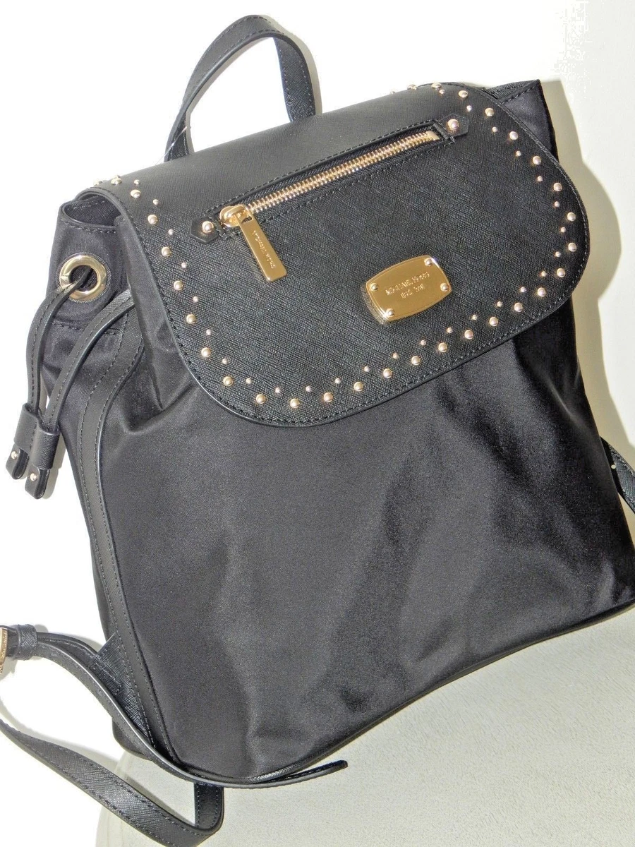 Michael Kors BEDFORD ZIP GOLD STUDS Nylon Leather BLACK LARGE Backpack NWT 278