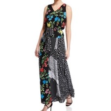 CALVIN KLEIN Patchwork Floral / Mixed Print Floral Maxi Dress w Fabric Sash EUC