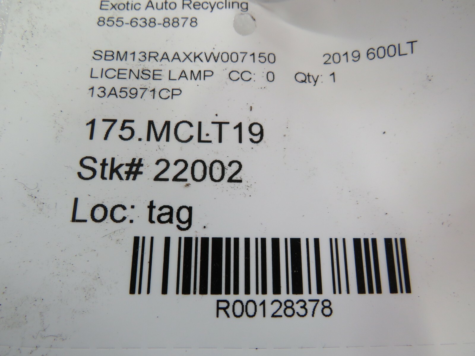 Mclaren 600LT, License Lamp, Used, P/N 13A5971CP