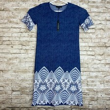 ELLEN WEAVER Dress Blue White Lace Floral Beach Dress Size S Stretch NEW $109