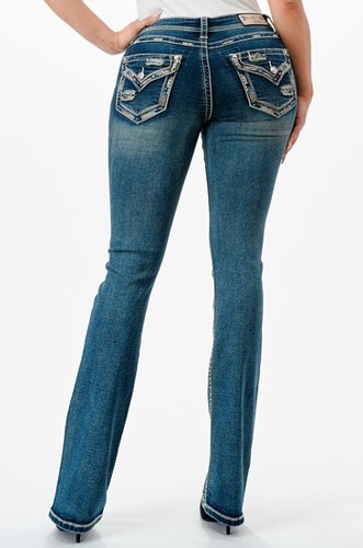 Grace in LA Women's Faux Button Flap Pockets Embroidered Stretch Bootcut Jeans - Picture 3 of 3