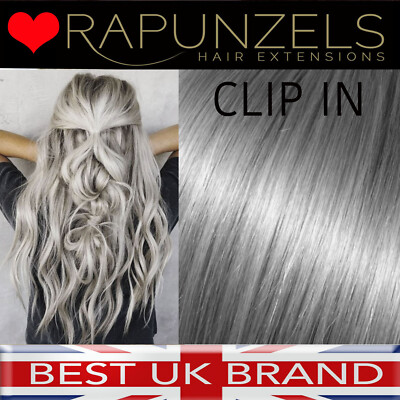 Grau Silber CLIP-IN Haarverlängerungen VOLLKOPF 7p/c Set Rapunzels Remy Echthaar