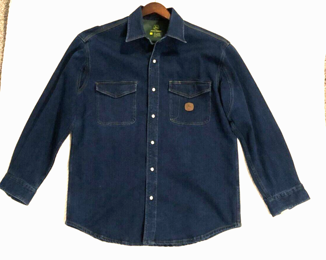 John Deere Denim Blue Utility Shirt Snap Closure Dual Pocket Men's Size