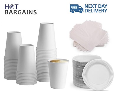 100 x 7 Unzen Weiß Pappbecher mit 100 Servietten und 9 Zoll Pappteller Kombi Set