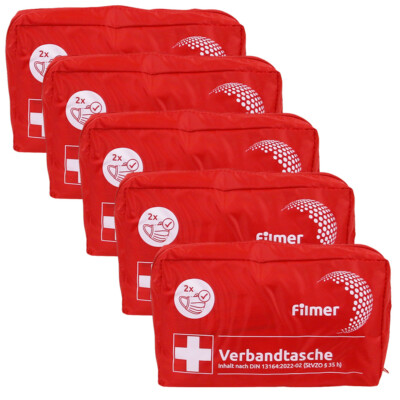 5 x Auto Verbandstasche Erste Hilfe Set Verbandskasten PKW DIN13164-2022 Rot