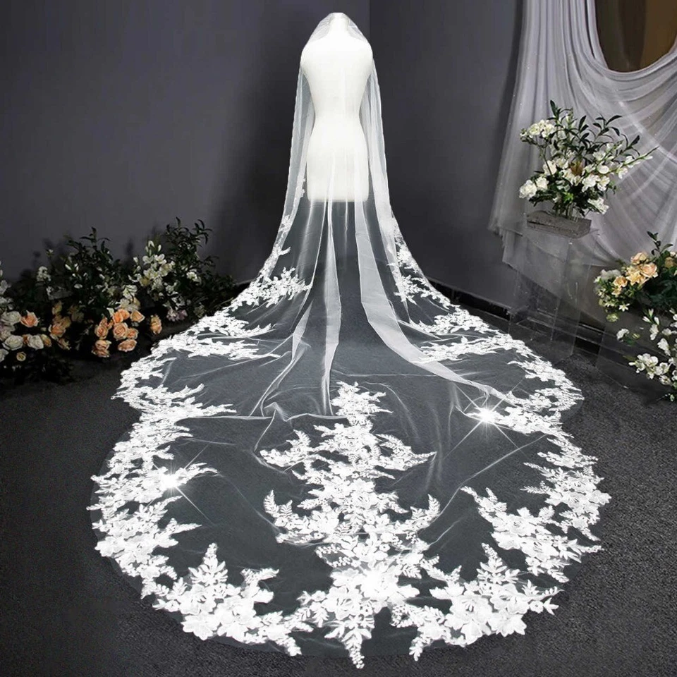 新娘婚礼面纱花朵贴花边缘花边大教堂长度带梳子 — 第 4/4 张图片