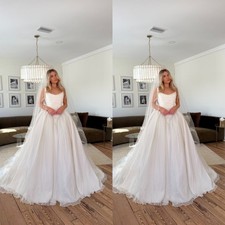 Simple Wedding Dresses Spaghetti Straps A Line Tulle Sweep Train Bridal Gowns