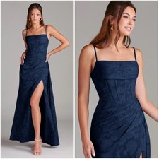 AZAZIE Denisa Floral Corset Draped Bridesmaid Dress Maxi Formal Gown Blue Size 8