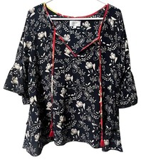 Jade By Johnny Was Susila Silk Tiered Blue White Floral Print Blouse Size Small