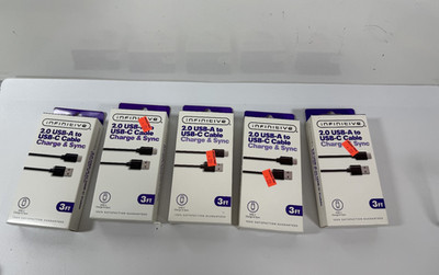 Lot of 5 USB-A to USB-C Charge & Sync Cables 3 Ft. New in Box Infinitive 3'