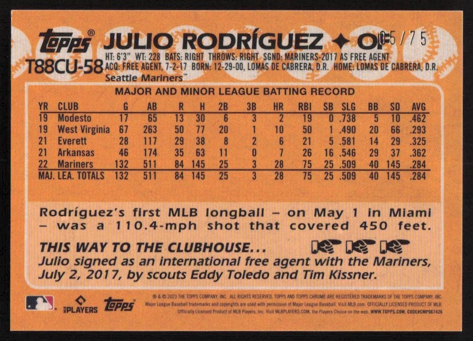 2023 Topps Update 1988 35th Chrome Purple Julio Rodriguez /75 Seattle Mariners - Image 2 of 2