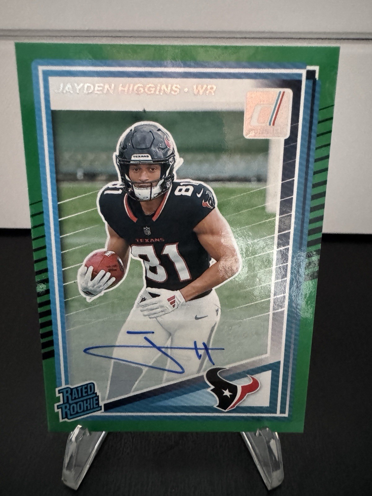 2025 Panini Donruss Jayden Higgins Rated Rookie #334 Green Auto RC Texans