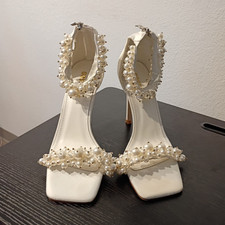 White Pearl Embellished Open Toe Bridal Shoes High Heel 3 in. and Up Wedding