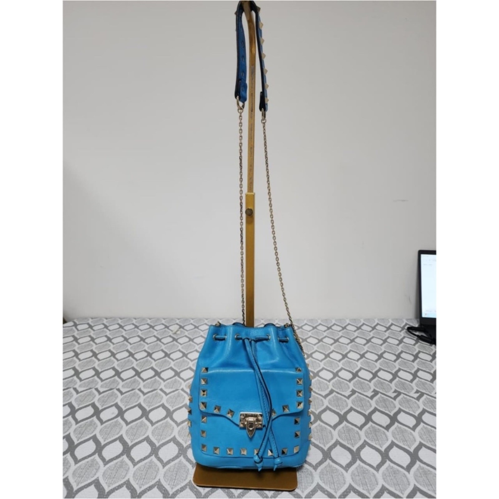 Authentic VALENTINO Leather Rockstud Mini Drawstring Bucket Bag Blue