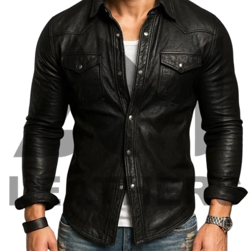 Mens Real Leather Shirt Black Western Style Snap Button Casual Slim Fit Jacket - product listing photo