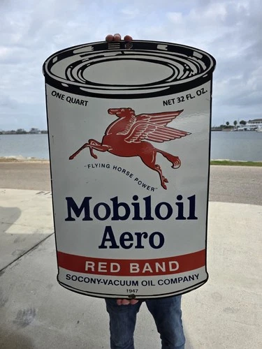 HUGE VINTAGE 1947 MOBILOIL AERO CAN PORCELAIN  SIGN MOBILGAS 29.5" X 18.5"*