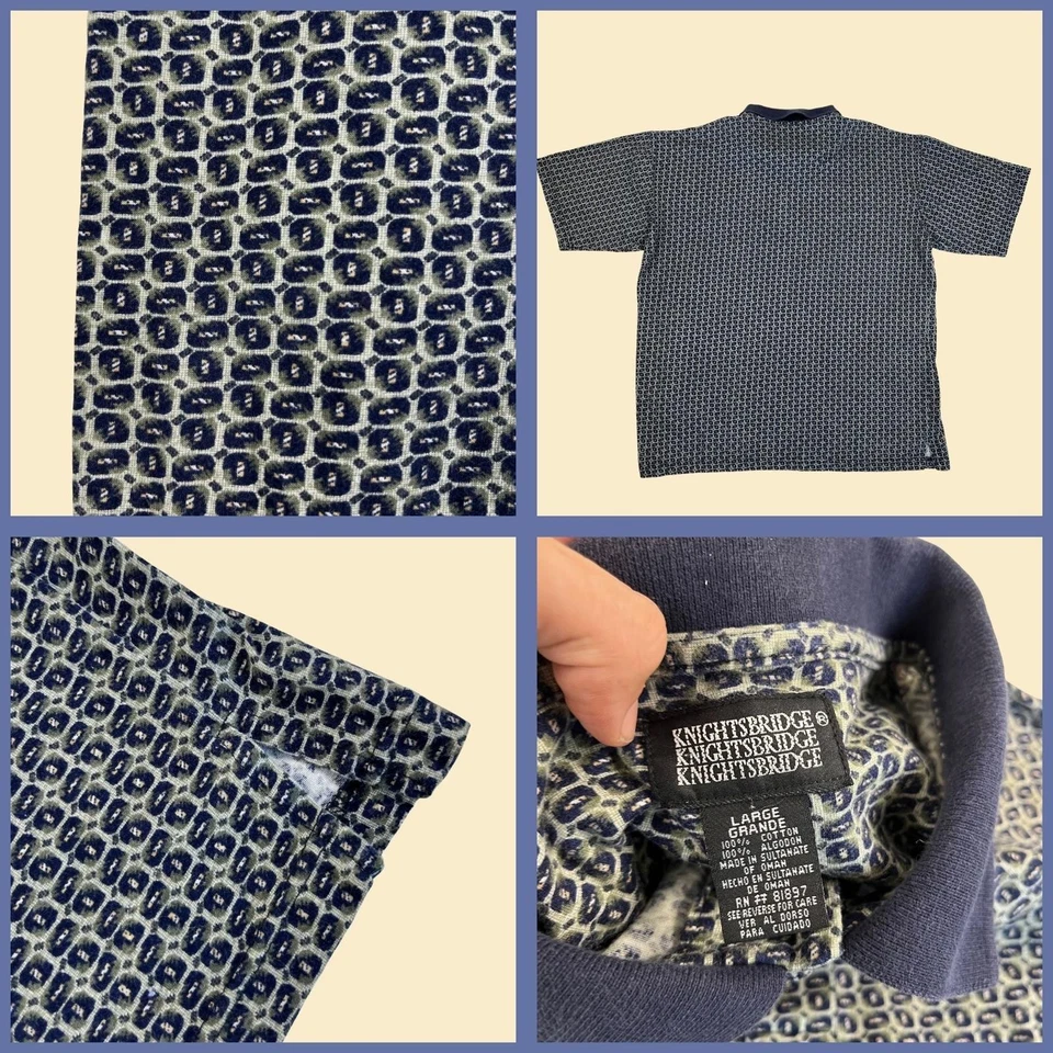 Camisa Polo Geométrica Hombre Vintage Años 90 de Knightsbridge, Talla L Top Azul y Verde Foto 3 de 4