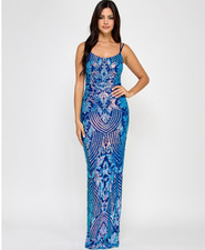 Emerald Sundae Juniors' Sequined Side-Slit Gown,- Royal Aqua