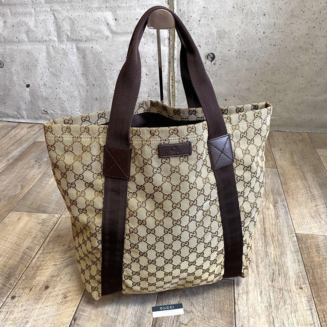 Genuine Gucci Gg Pattern Canvas Tote Bag Handbag Brown A4 Possible