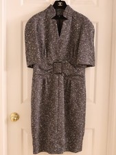 Chanel Tweed midi dress with crystal buttons grey white wool silk US 8 / M