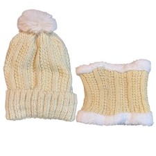 Cozy Cream Knit Beanie Pom Hat Faux Fur Lined Neck Warmer Set Winter Warm New