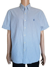 Polo Ralph Lauren Mens Shirt XL White Blue Striped Slim Fit Seersucker T33