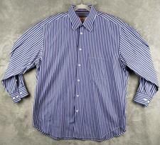 Brioni 100 Cotton Dress Button Shirt Blue White Stripe Made in Italy Mens Large