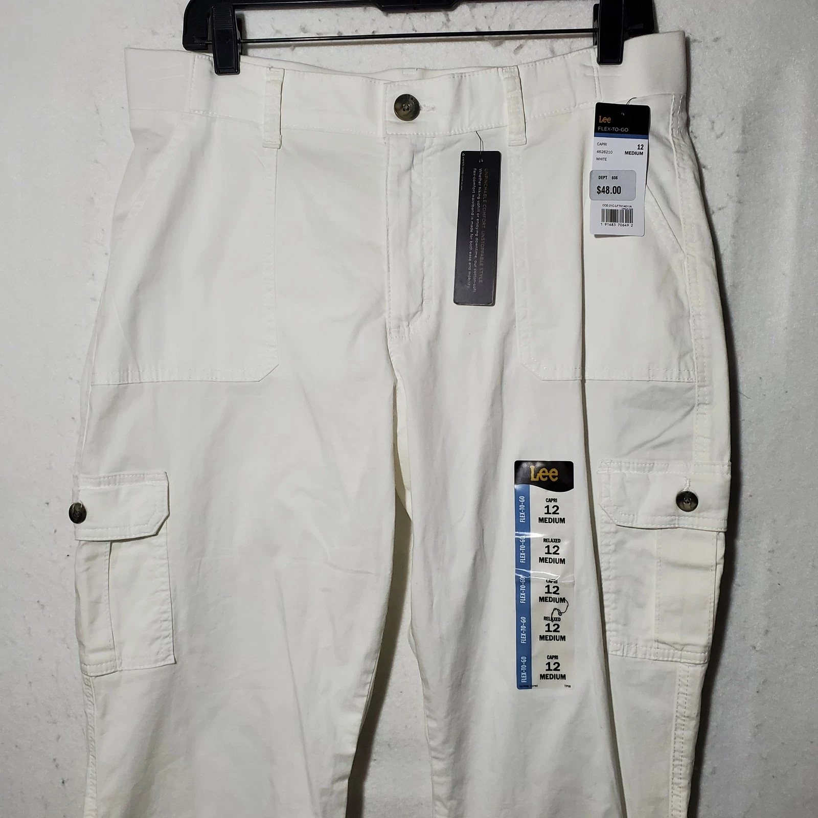 Lee Flex-To-Go Capri Pants Womens 12 Medium White Relaxed Fit Cargo Pockets New