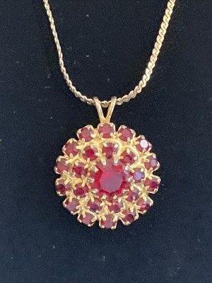 Vintage Aubrey Creations Red Rhinestone Pendant Gold Toned Necklace 18 