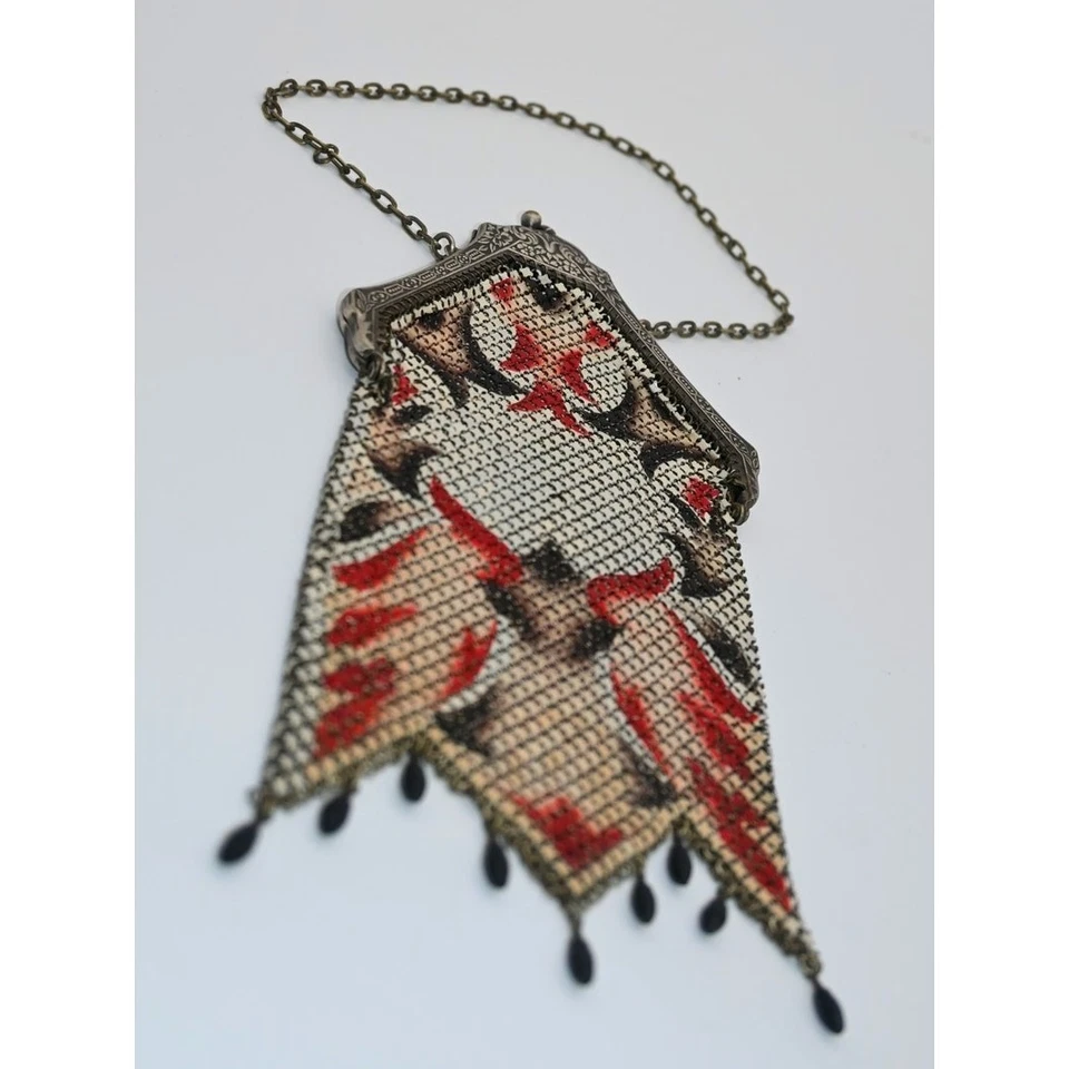 "Antiguo monedero de malla esmaltada Art Deco años 20 rojo negro diseño marco de latón 7""" Foto 4 de 4