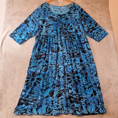 Ulla Popken Knit Dress Womens 24 26 Blue 3/4 Sleeve Floral Cotton Midi House