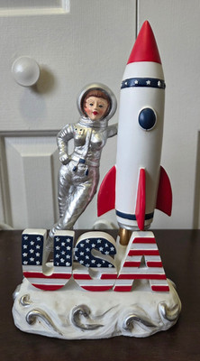 Stars and Stripes Patriotic Female Astronaut w/ Rocket & USA Sign Figurine NWT