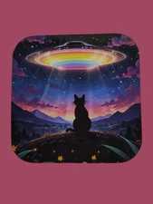 Handmade Glossy Refrigerator Magnet – Cat & UFO Rainbow Sky – Cosmic Night Art