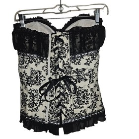 Vaacooler Womens Black White Damask Corset Top Lace Up Bustier Strapless Small