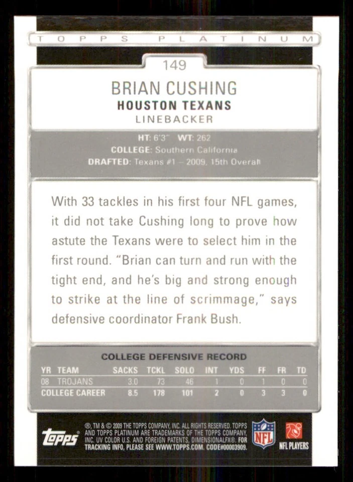 2009 Topps Platinum #149 Brian Cushing RC - Image 2 of 2