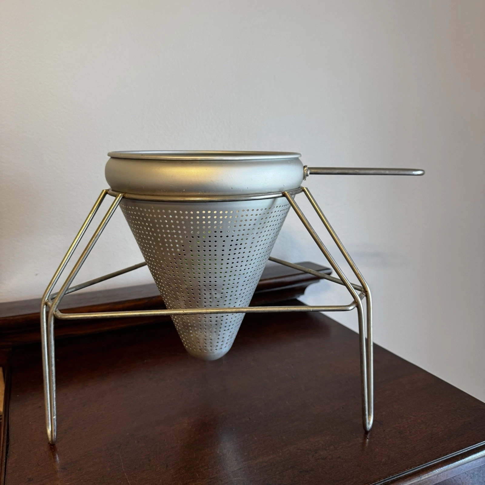Vintage Aluminum Cone Colander Sieve Strainer Tripod Stand Canning Aid