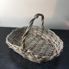 Vintage 1970s Small Rustic Handwoven Willow Gathering Basket w/ Twisted Handle