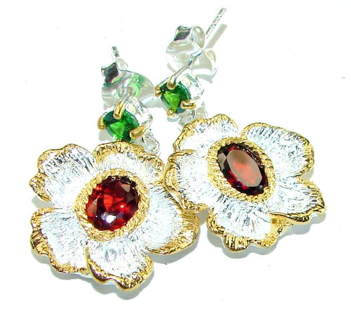 Ruby Earrings 5.5ct 925 Sterling Silver Red Round Handcrafted Unique Pair - Picture 1 of 4