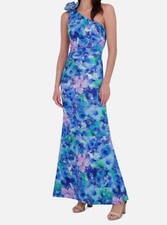 Eliza J Women's Blue Printed Rosette Asymmetric One-Shoulder Dress Size 2