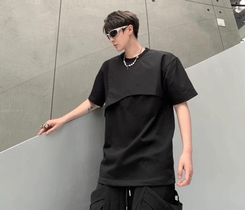 【Anyone more】Bilo Frill Round Collar Short Sleeve T-Shirt Men's Fashion Design Summer Round Collar Short Sleeve loose