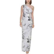Calvin Klein Elegant Gray Floral Sequined One Shoulder Gown Long Dress size 8