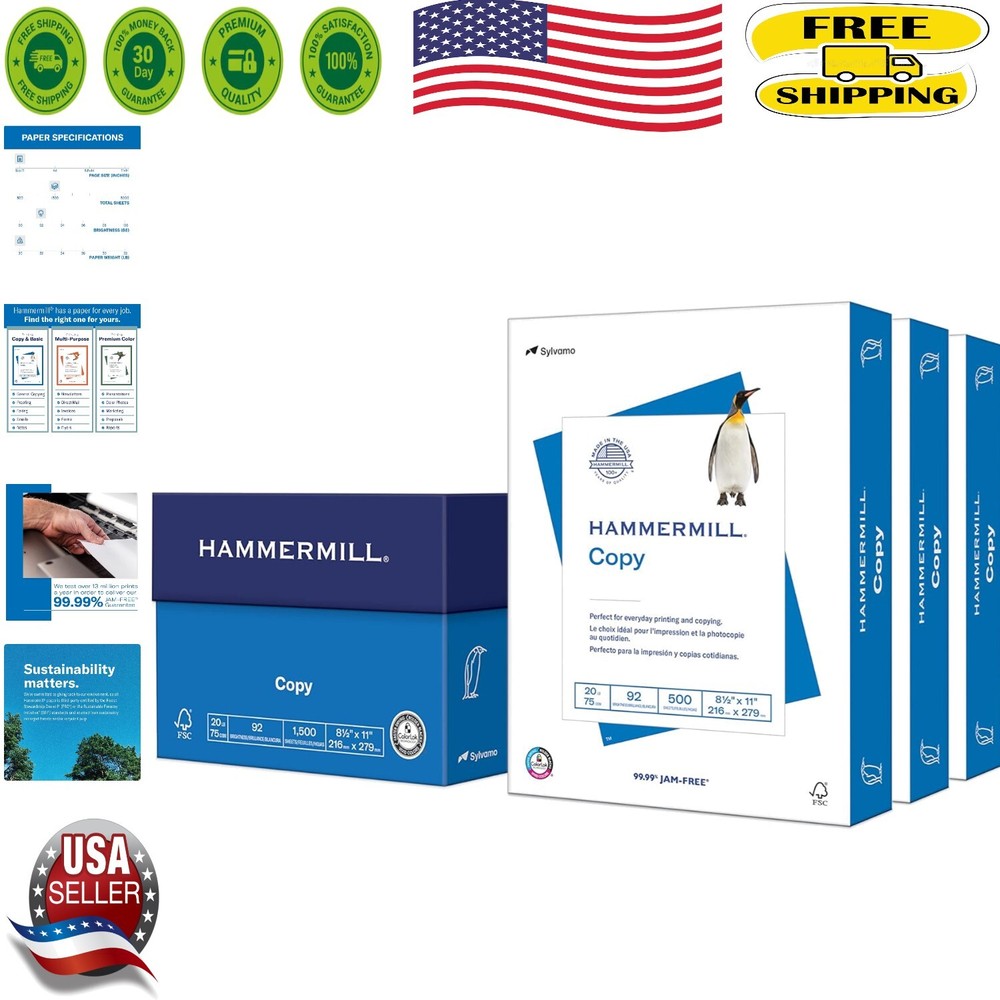 Eco-Friendly 20 lb 8.5x11 Printer Paper - 3 Reams, 1500 Sheets, Made in USA