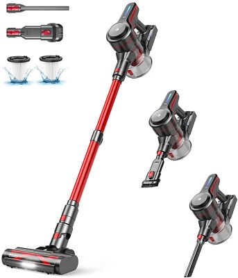 Red Cordless Vacuum Cleaner 28KPa Suction V Shape Brush HEPA Filtration 45min...