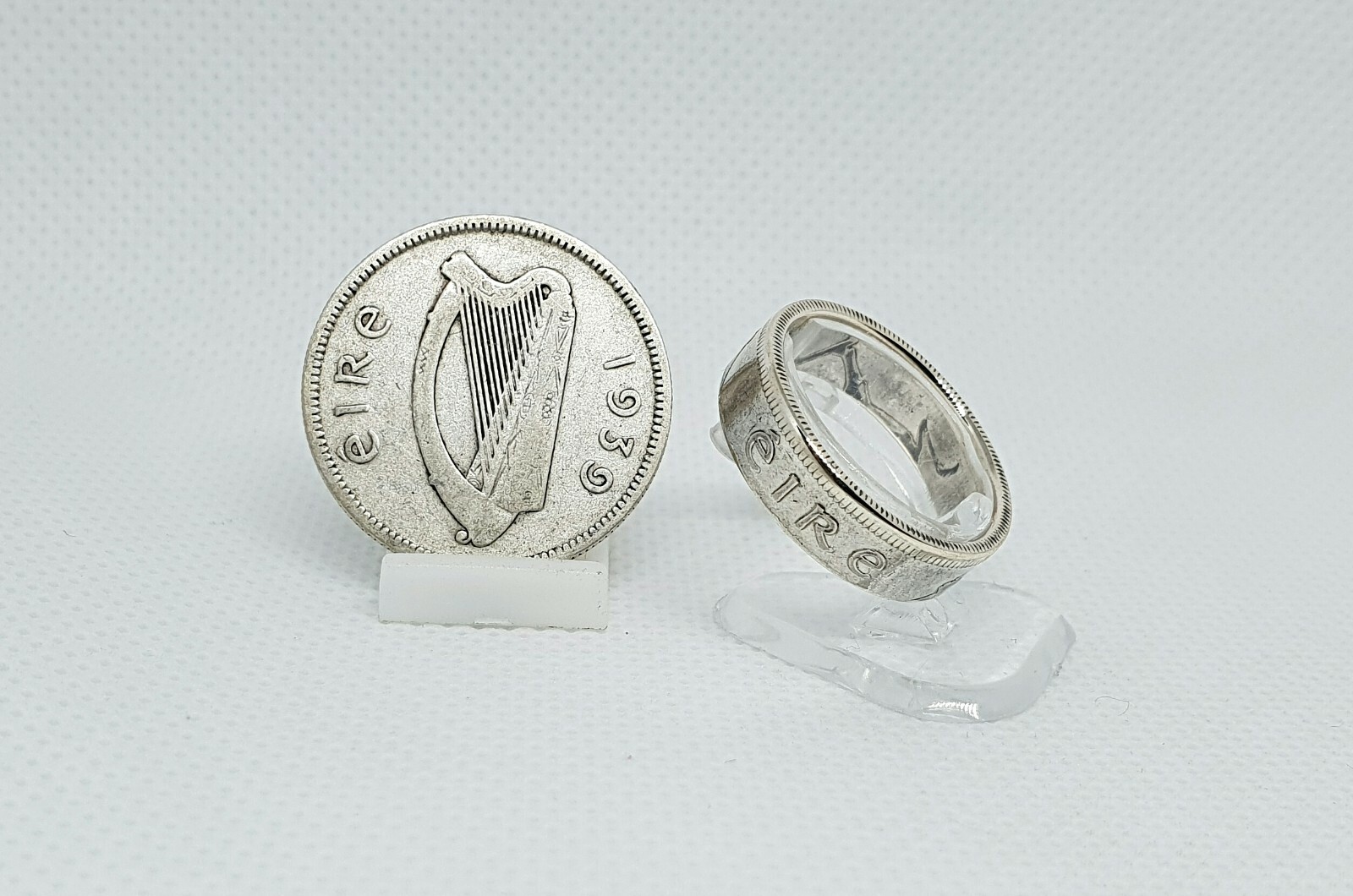 Bague pièce 2 Shillings Irlande en argent Sterling brossé