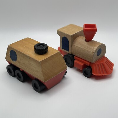 Vintage 1973 Mattel Wind-Up Wooden Train & Truck RARE VGC